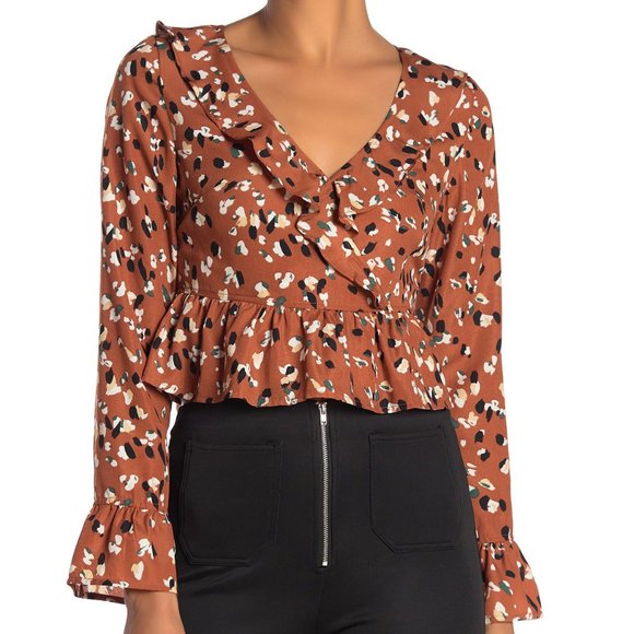 Camel Long Sleeve Ruffled V Neck Crop Blouse Top - Picture 2 of 8
